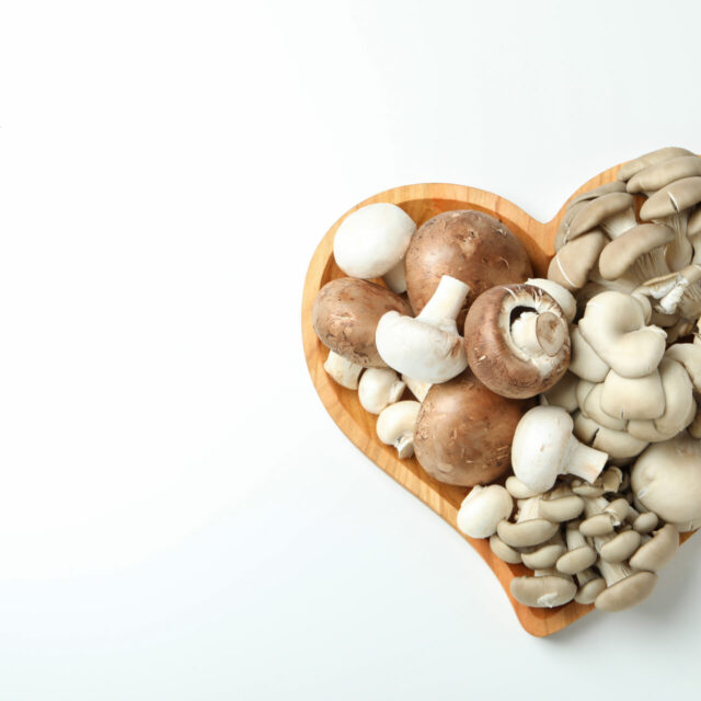 Concept of tasty food with mushroom on white